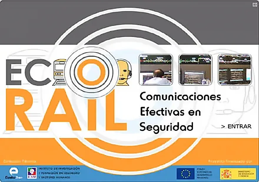 Pantalla de inicio del software ECORAIL, «Comunicaciones Efectivas en Seguridad», con los logotipos de EuskoTren, ESM, FEDER y el Ministerio