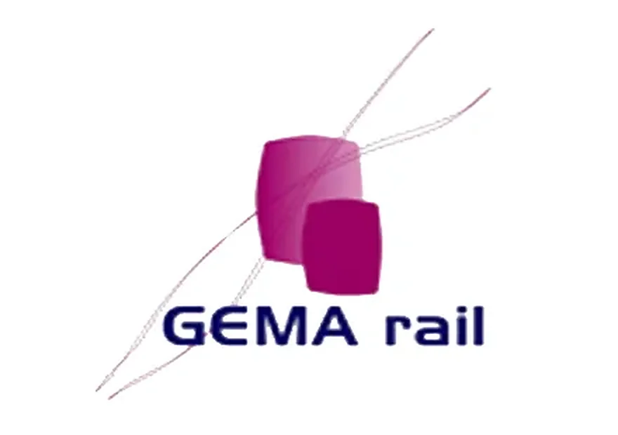 Logotipo del proyecto GEMA rail, con dos cubos magenta sobre el nombre