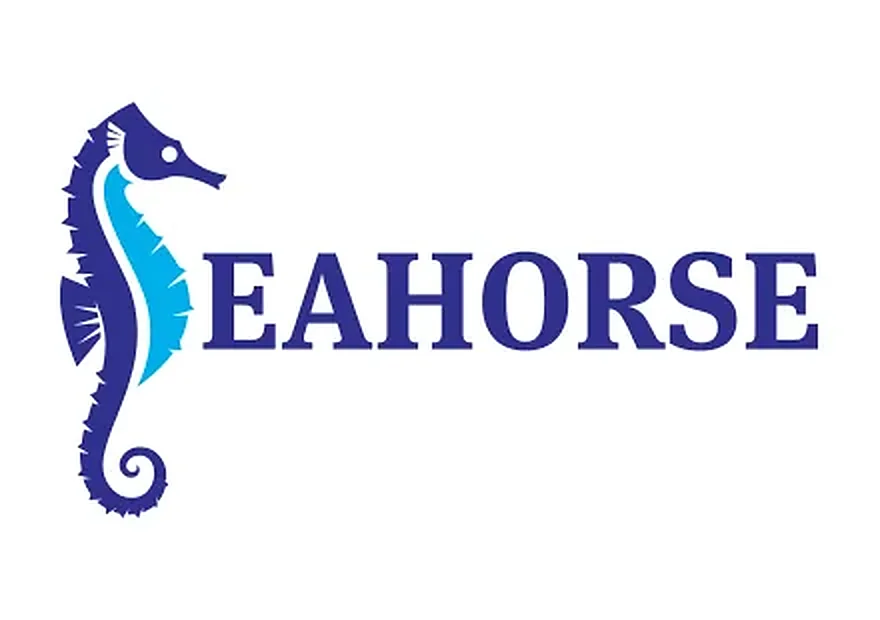 Logotipo del proyecto europeo SEAHORSE, con un caballito de mar azul sobre el nombre del proyecto